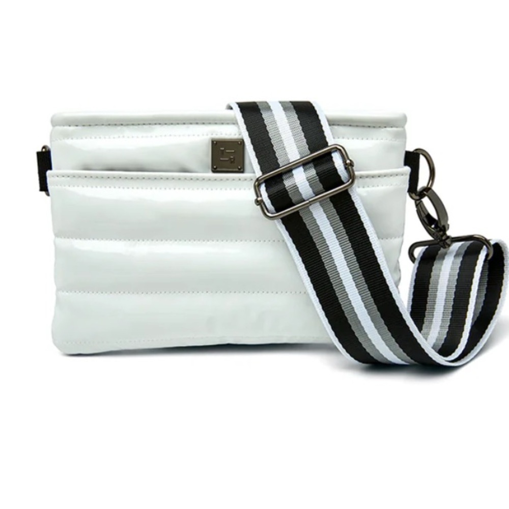 Think Royln White BumBag Crossbody Puffer 6x9 Grey/Black/White Striped Strap